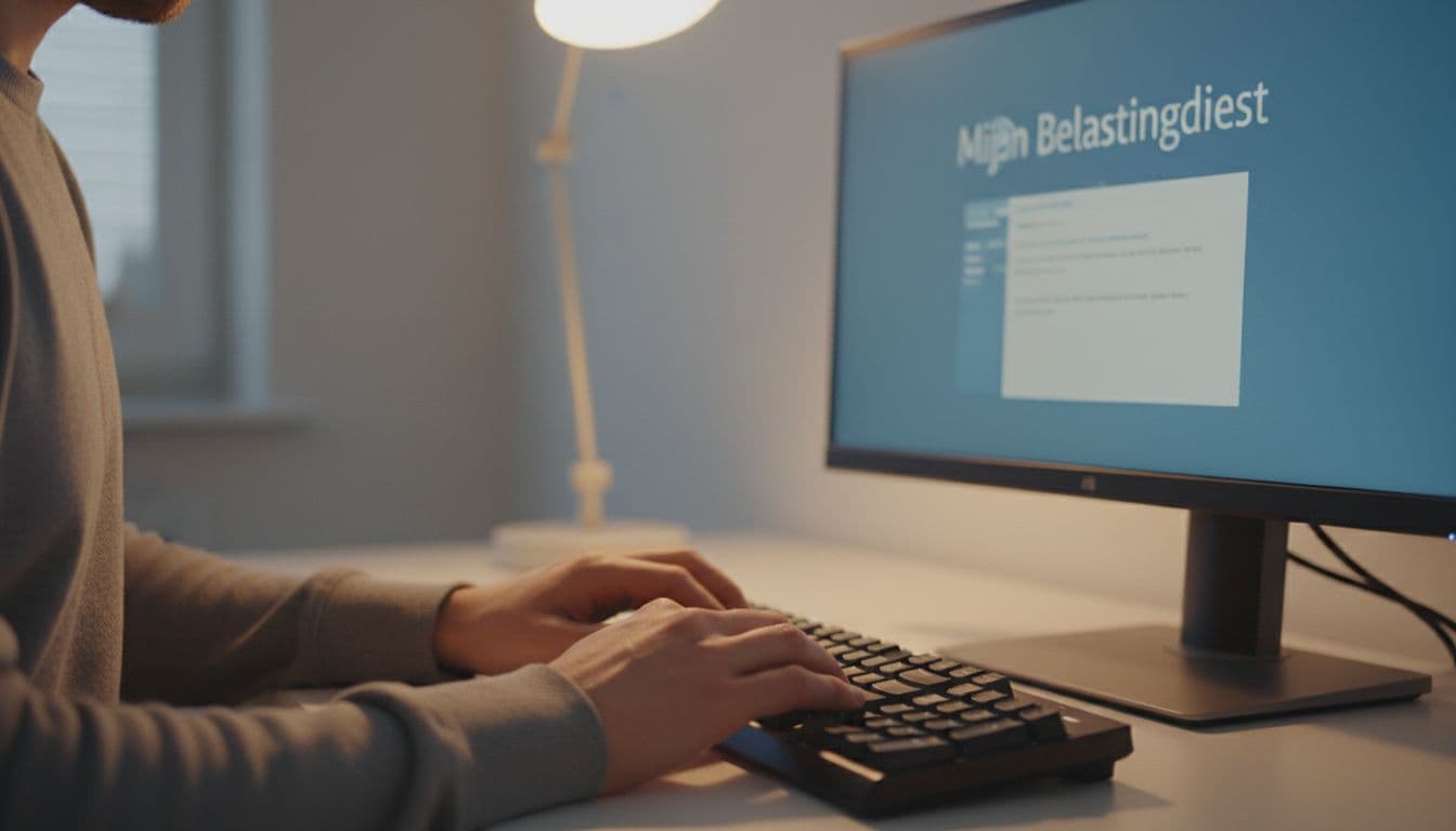 Zijaanzicht van een persoon die rustig typt op een computer met de Mijn Belastingdienst-pagina open, focus op handen en toetsenbord, zachte belichting in een thuiskantoor. Scherm licht onscherp zonder gedetailleerde tekst.