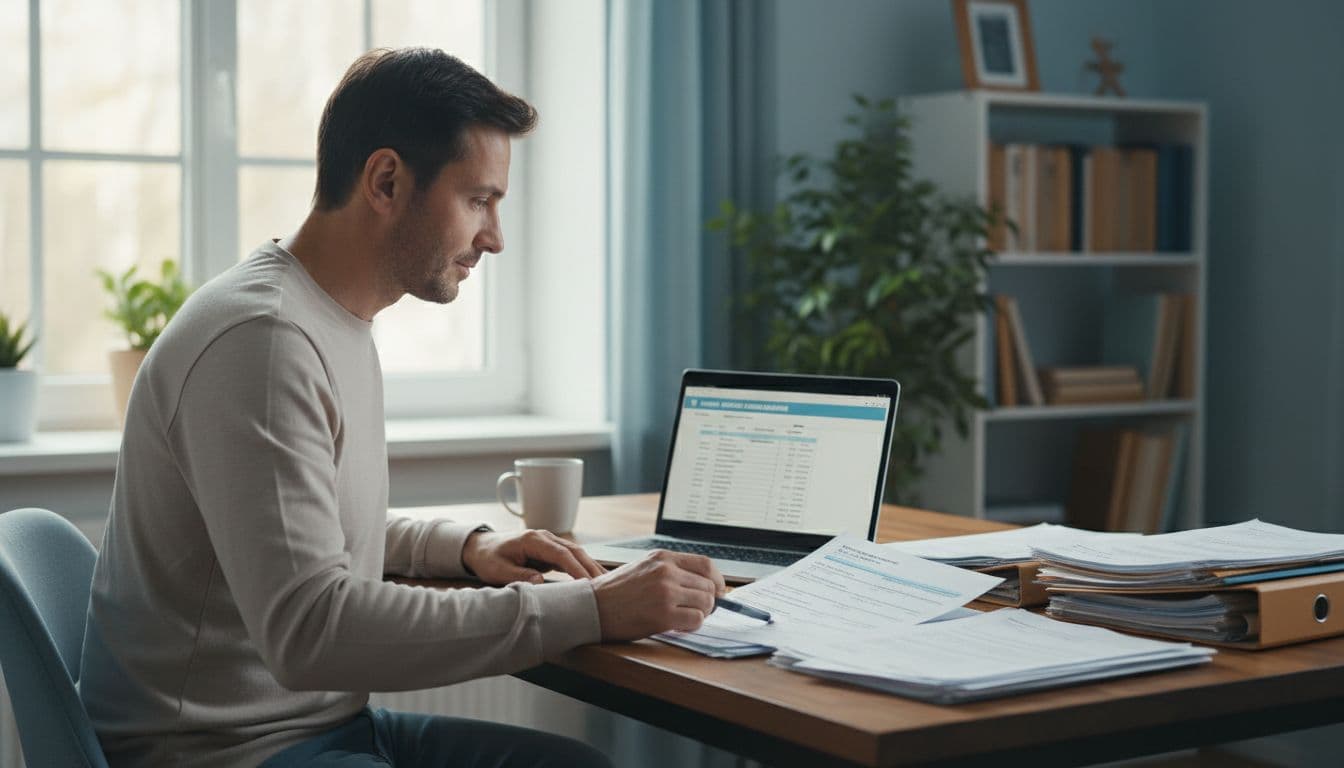A person sits at a home desk, calmly examining papers and a laptop displaying a tax form on the screen. The simple room is filled with natural light from the window, creating a relaxed atmosphere with exactly one person.