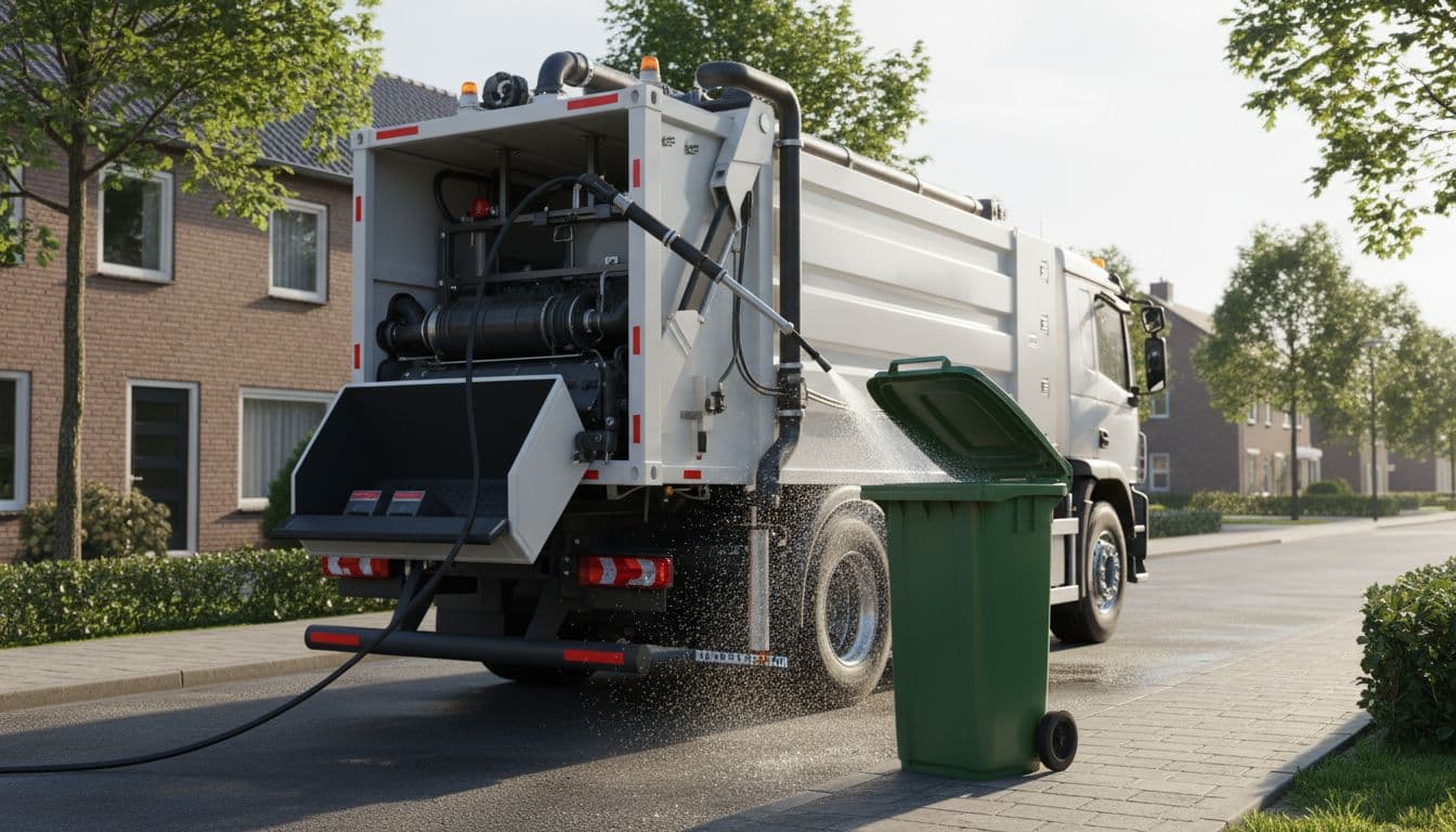 Realistische foto van een professionele container reinigingsvrachtwagen geparkeerd naast een lege groene GFT bak op een woonstraat na ophaaldag, met hogedrukreinigingsslang gericht op de bak en zichtbare waterstraal in middagzon.