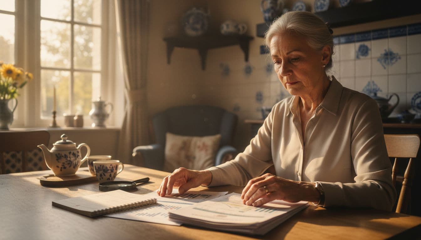 A thoughtful senior in their 70s sits calmly at a kitchen table with calendar and insurance papers, reviewing options in a cozy Dutch home interior bathed in warm natural morning light.