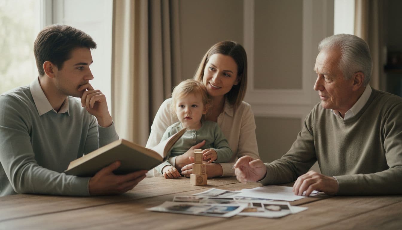 A serene scene of three generations at a wooden table: a 25-year-old young adult with laptop, a 40-year-old parent with child, and a 60-year-old senior with papers, under soft natural lighting with warm neutral colors, emphasizing thought and conversation.