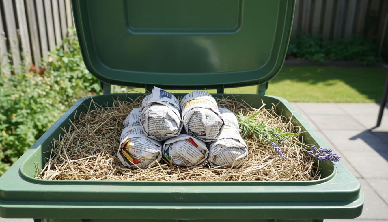 Tuinsetting met laagjes droog stro en krantenpapier onderin een open groene GFT-kliko, etensresten gewikkeld in krant erbovenop en takje lavendel ernaast, zonnig weer met daglicht.