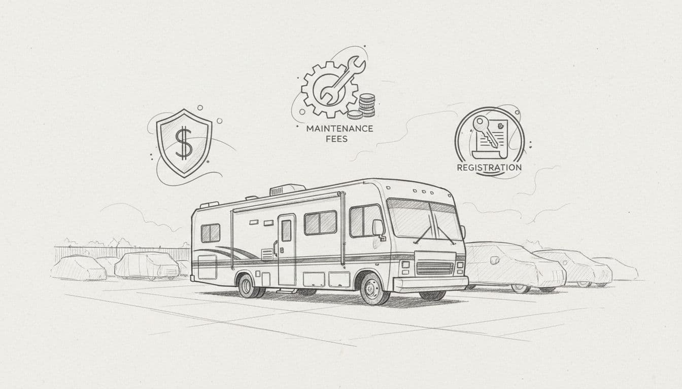A graphite sketch depicts an RV in a storage lot surrounded by icons representing insurance and maintenance costs.