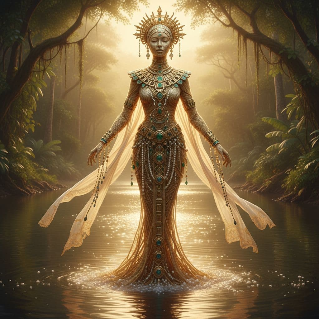 A graceful figure wearing ornate golden jewelry and flowing fabrics stands beside a sparkling river at dawn.
