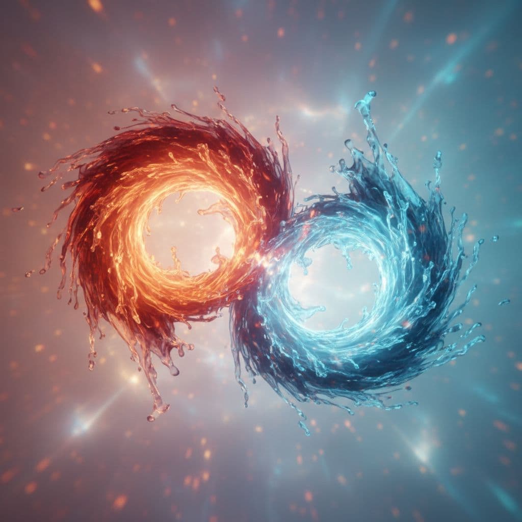 Vibrant orange fire energy swirls and merges with flowing blue water against a soft background.