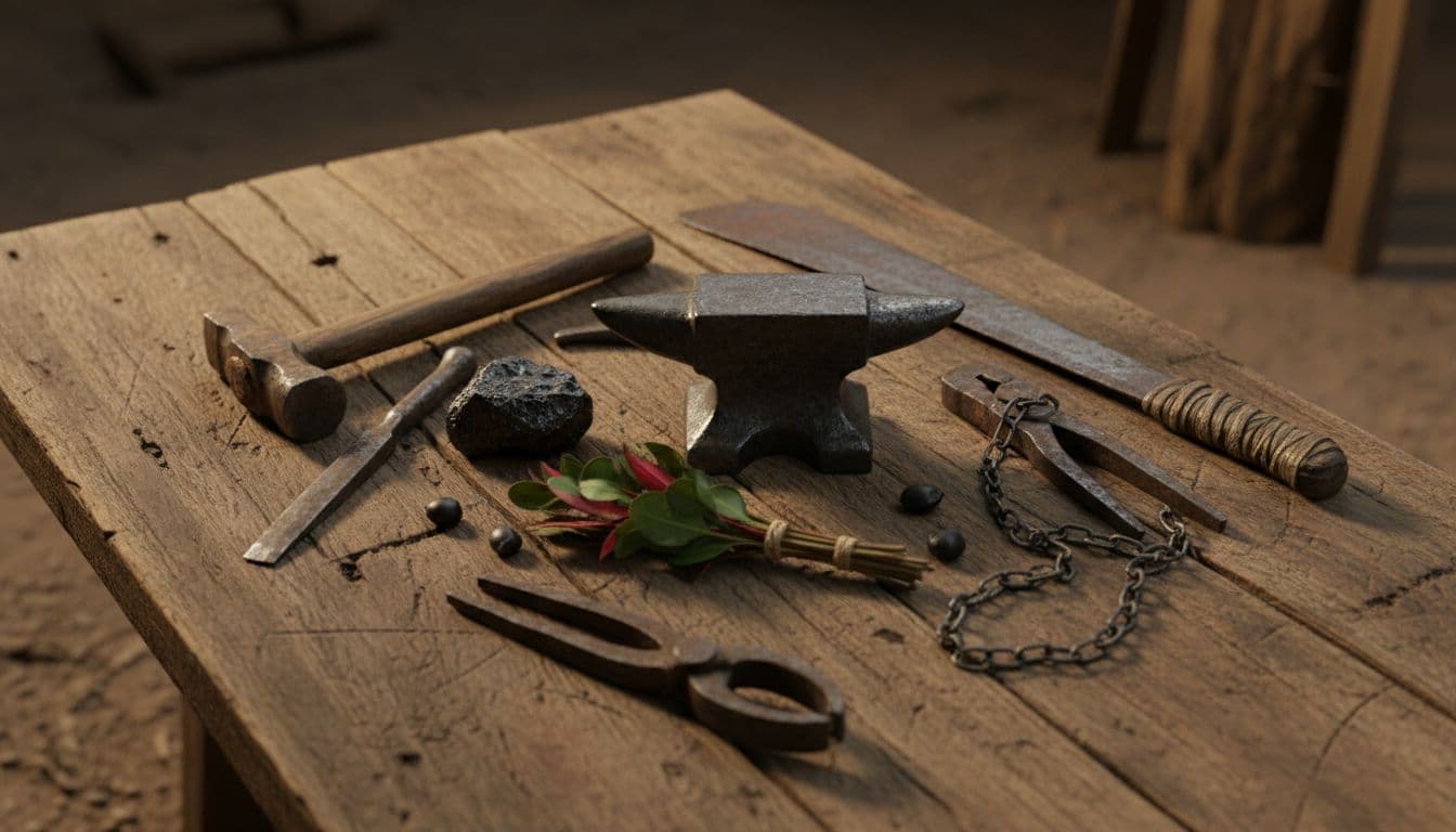 Rustic iron tools, anvil, and chains on natural wood surface.