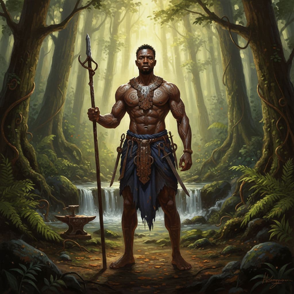 Strong masculine figure of Ogun holds iron staff in lush forest, surrounded by iron tools and metallic textures under soft tree-filtered light.