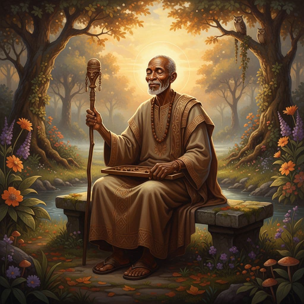 Elderly figure with gentle expression sits outdoors at sunset, surrounded by nature in soft warm light.