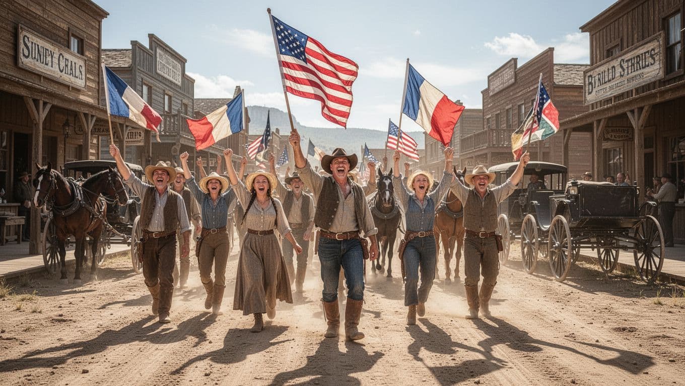 A joyful crowd in Cheyenne, Wyoming, on July 10, 1890, celebrates the state's admission to the Union, waving flags and cheering on streets lined with wooden buildings and horse carriages under bright sunny lighting.