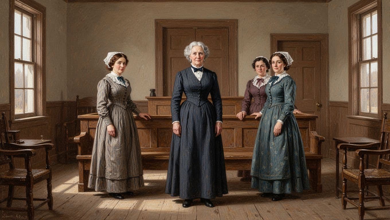 Esther Morris stands confidently in a 19th-century Wyoming courtroom with two women supporters nearby, all in pioneer attire amid wooden furniture, captured in a realistic historical painting style with soft indoor lighting and determined expressions.