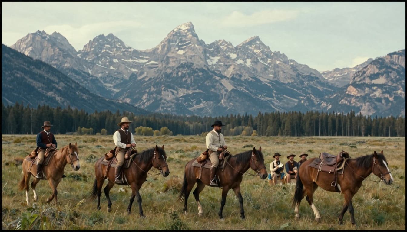 Lewis and Clark expedition party crossing Teton Pass in Wyoming mountains with pack horses and nearby Shoshone scouts, in historical realistic style with soft morning light and exactly three main figures visible.