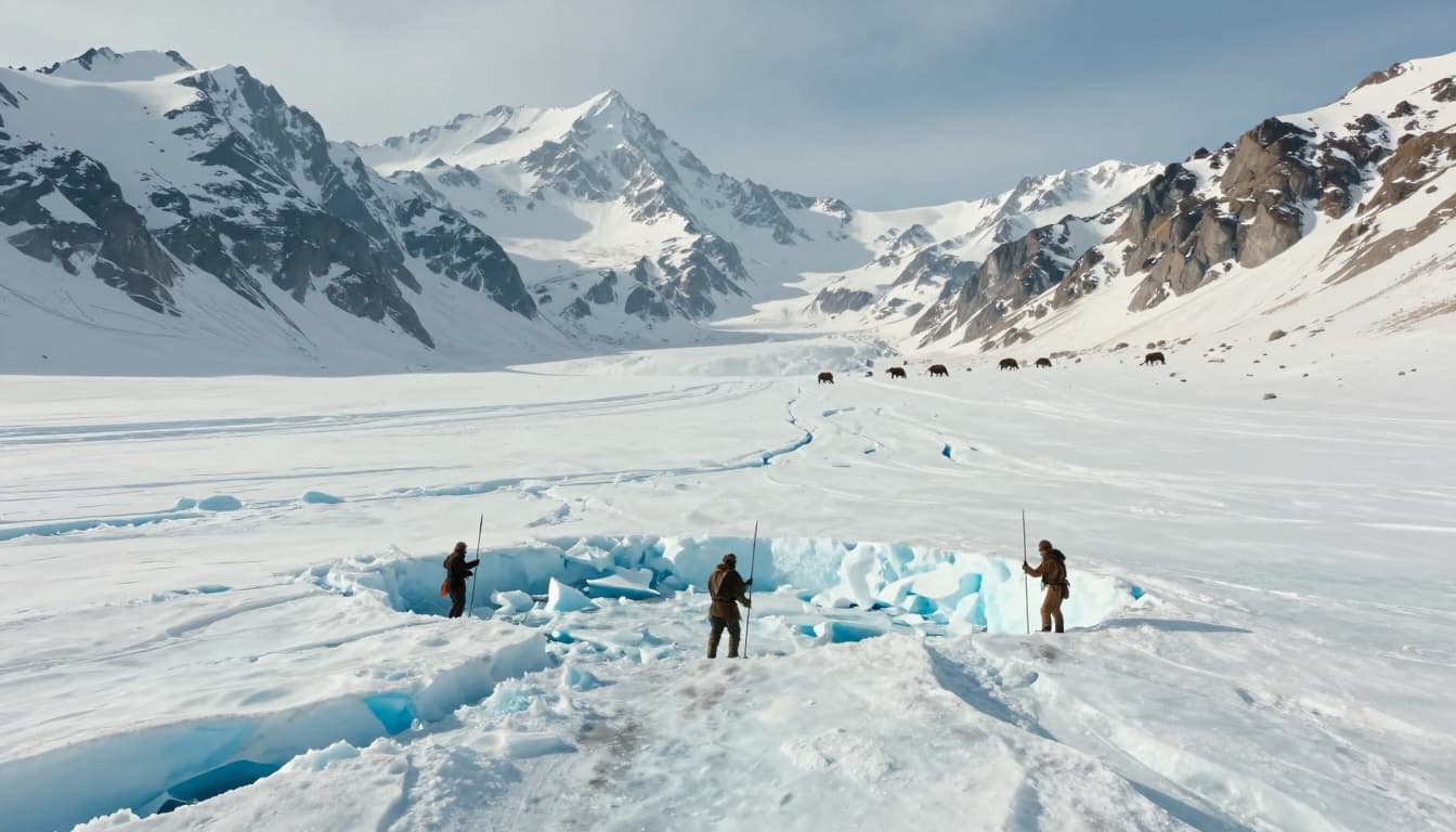 Three Paleoindian hunters with spears stand near a melting glacier revealing an ancient settlement in Wyoming's Ice Age mountains, with mammoths visible in the distant alpine landscape under soft natural lighting.