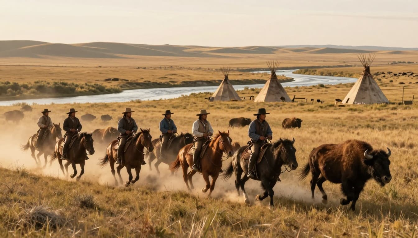Five Shoshone people on two horses hunt a buffalo herd across the Wyoming plains in a dynamic historical scene, with tipis near a river in the background under warm sunset lighting.