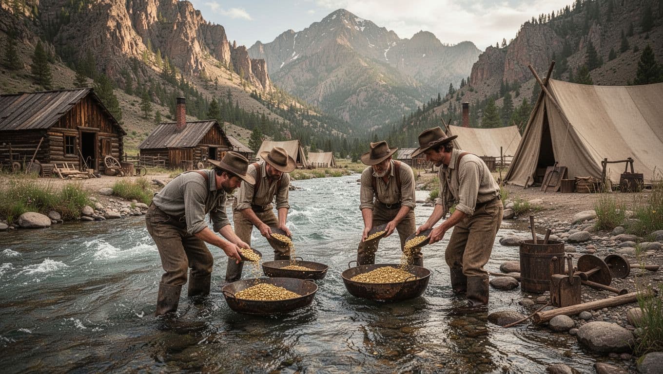 Group of four gold prospectors panning for gold in a rushing river near South Pass City, Wyoming in the 1860s, with rugged mountains in the background and wooden tents and tools scattered around. Realistic historical style with warm daylight lighting, simple poses, no extra people, text, or logos.