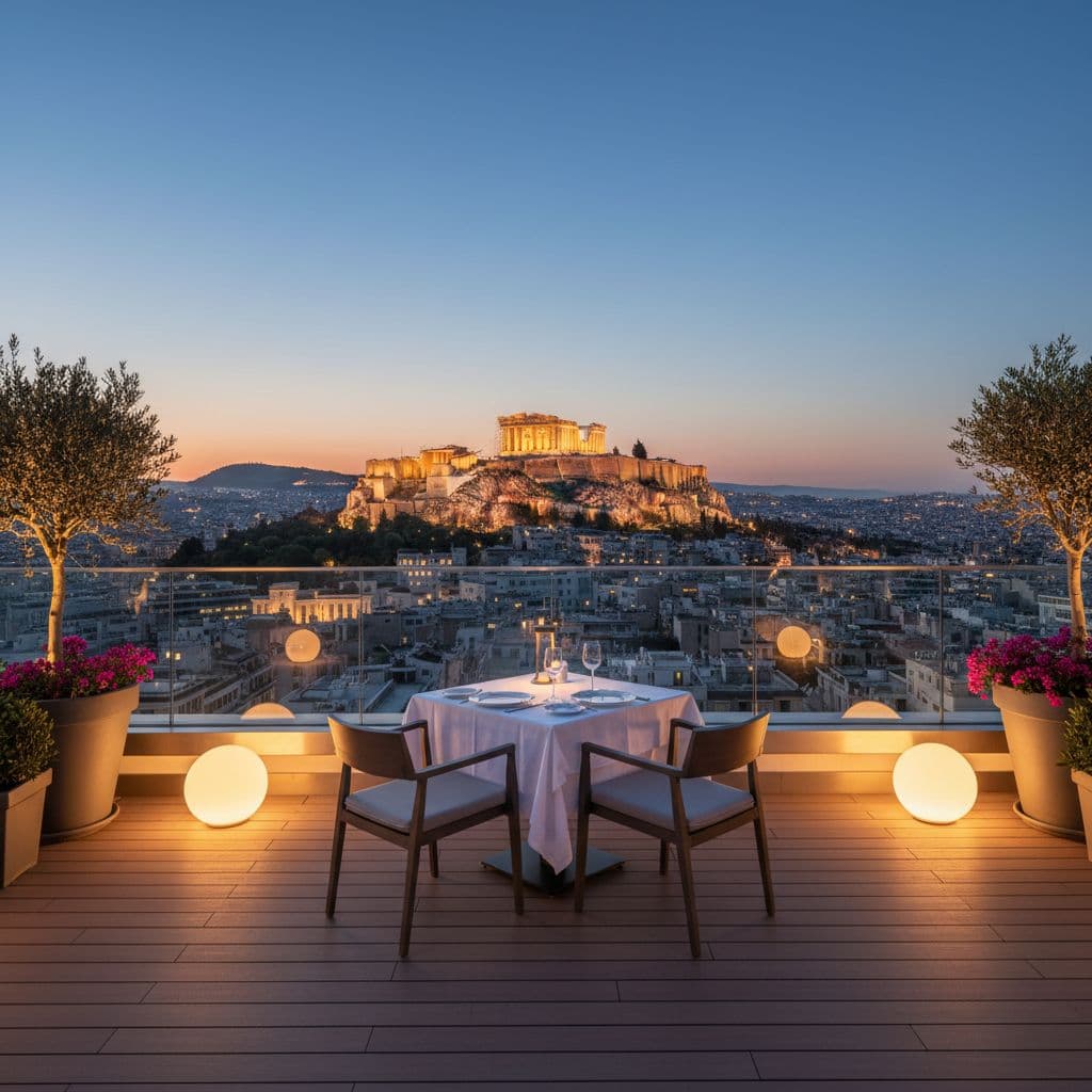 Hotel rooftop terrace in Athens at dusk overlooks the illuminated Parthenon on Acropolis hill with one table and two chairs.