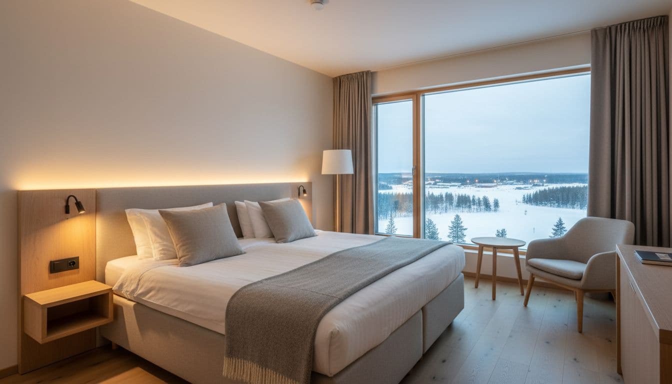 Modern hotel bedroom with minimalist decor, neutral tones, comfortable bedding, and large window showing snowy landscape.