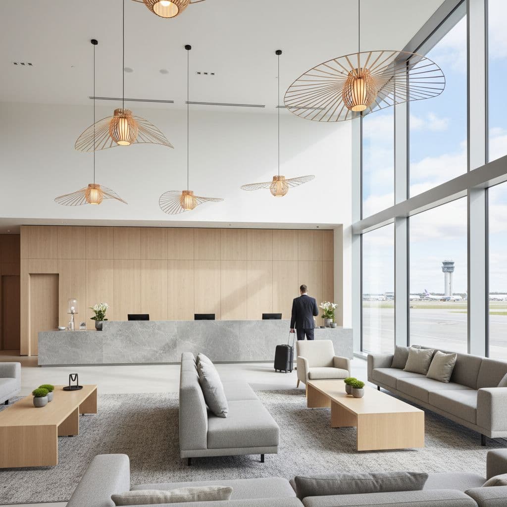 Bright airy hotel lobby with minimalist Nordic design, wooden accents, and runway view through windows.