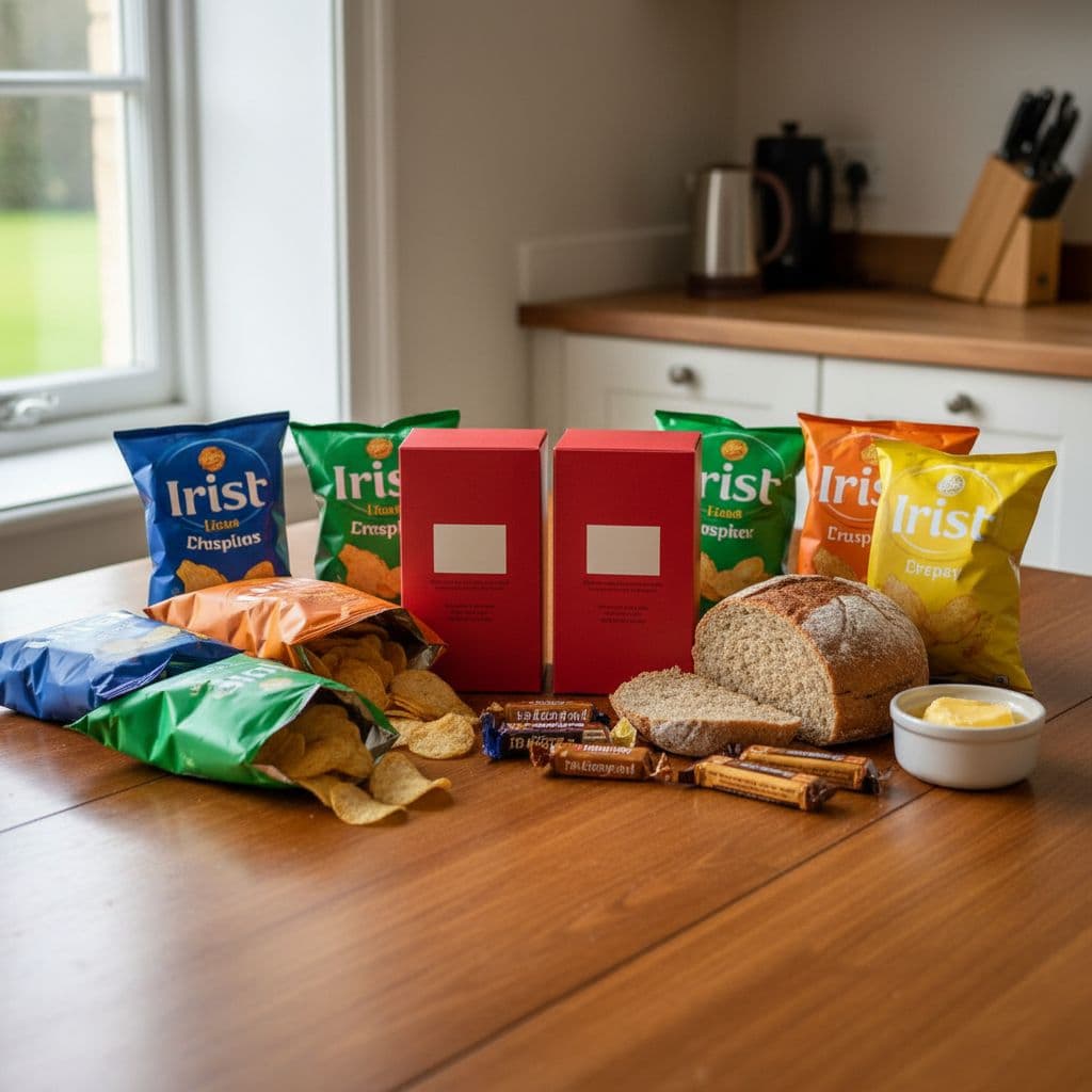 Red tea boxes and colorful crisp bags arranged neatly on a wooden kitchen table.