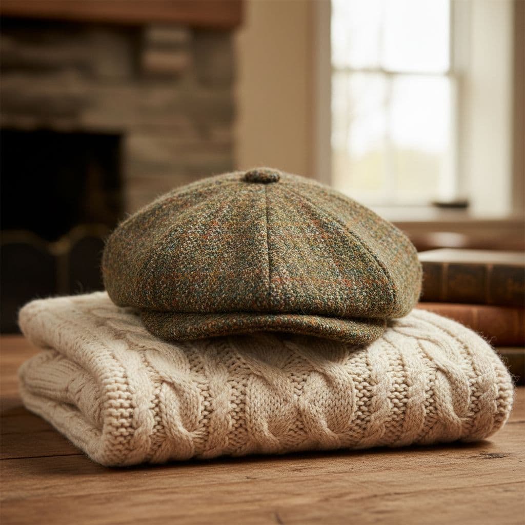 Close-up of tweed flat cap resting on cream cable-knit sweater on wooden table.