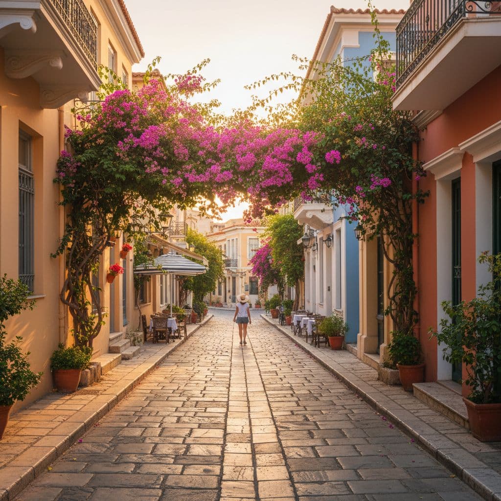 Narrow stone path in Plaka Athens lined with bougainvillea and neoclassical buildings on sunny morning, one person walking ahead.