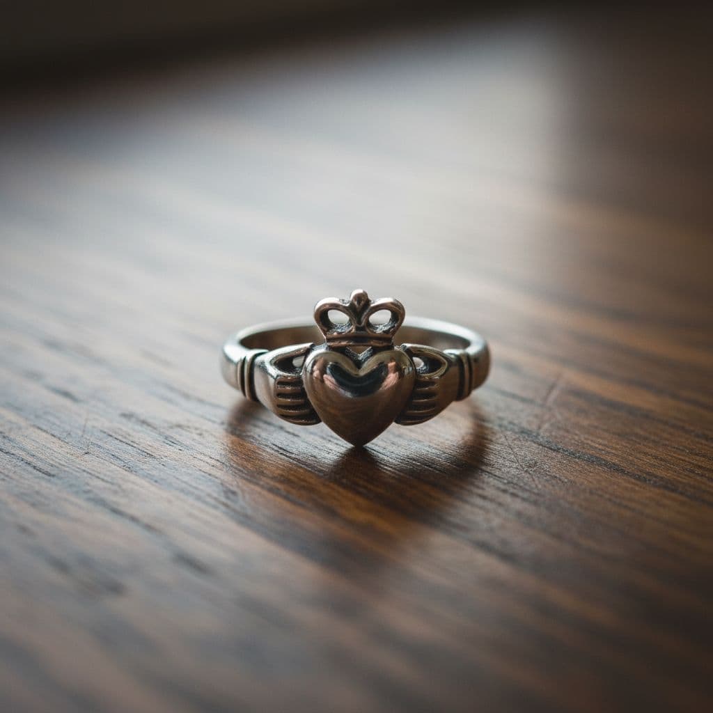 Silver Claddagh ring with heart, crown, and hands rests on dark wooden surface.