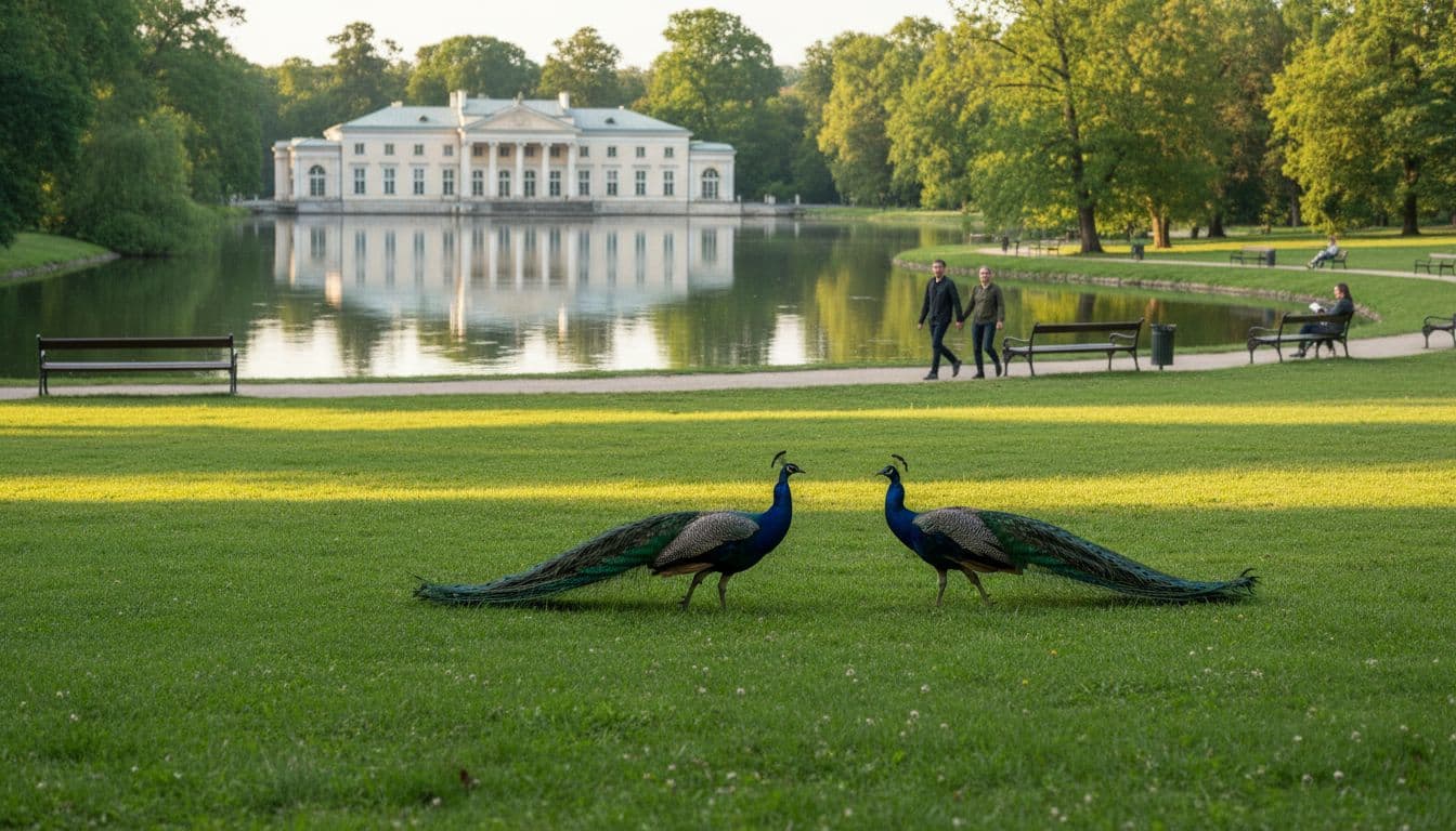 Two peacocks strut on green lawn near Palace on the Isle reflected in lake, with tree-lined paths and three distant walkers.
