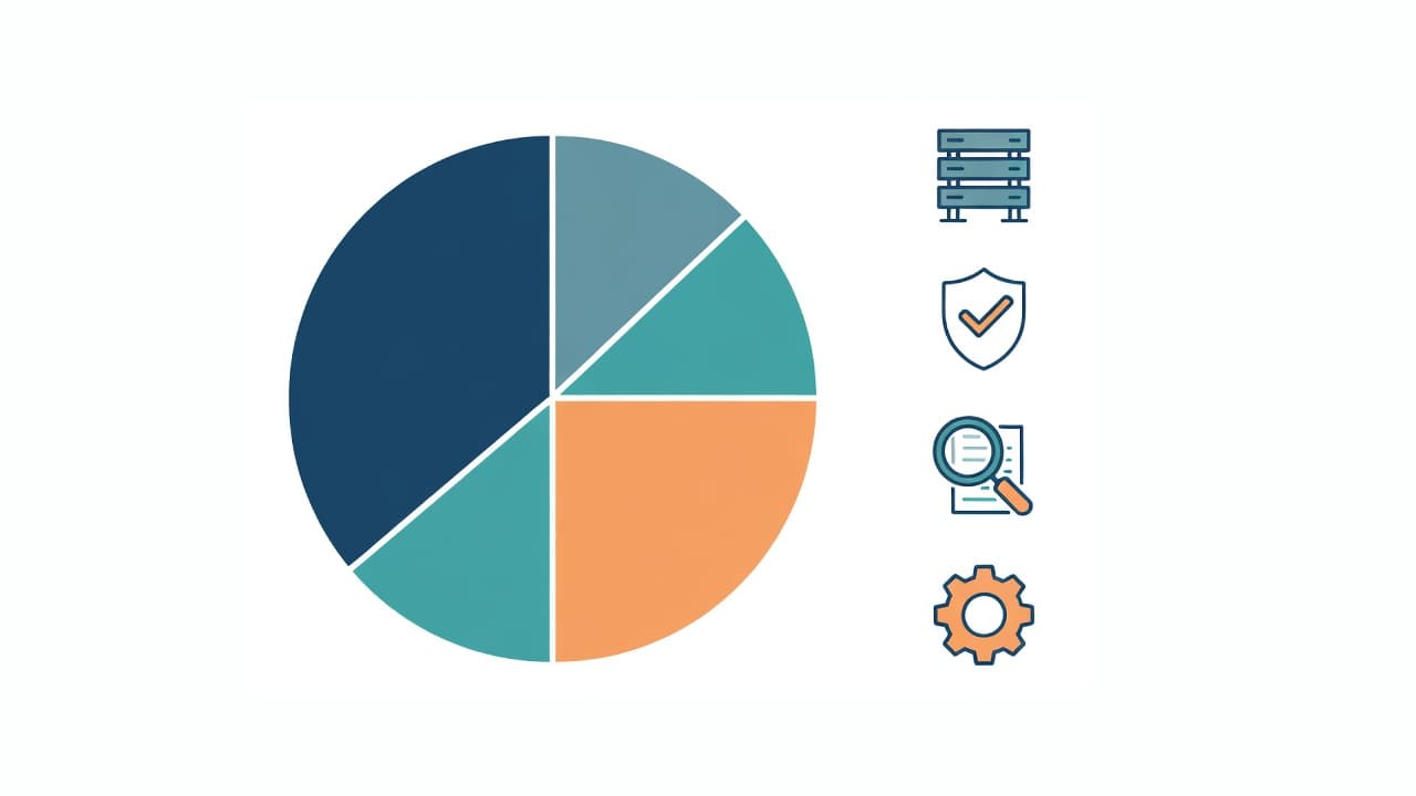 A four-part pie chart beside server, security, document, and settings icons.