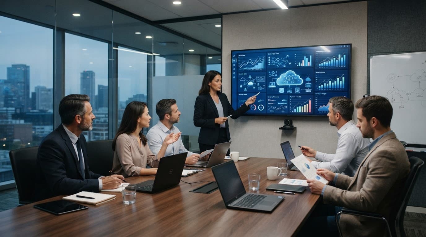 Professionals review cloud infrastructure charts on a screen in a conference room.
