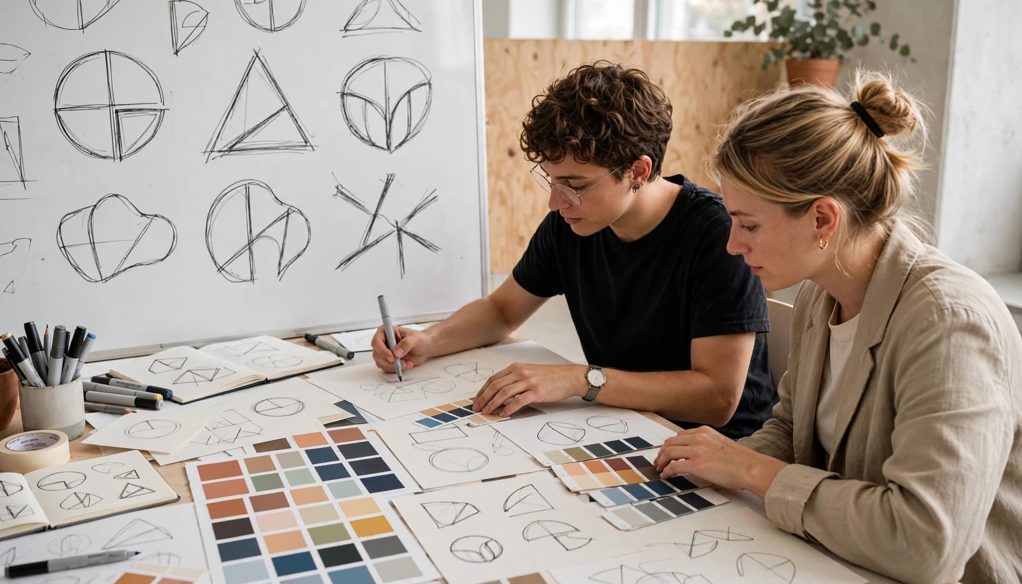 Two designers review logo sketches and color swatches in a bright studio.