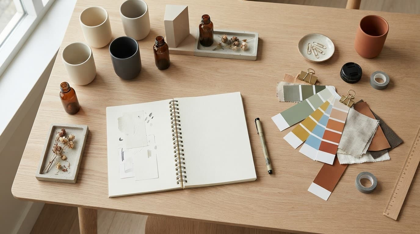 Product photos, color swatches, and a notebook arranged on a wooden desk.
