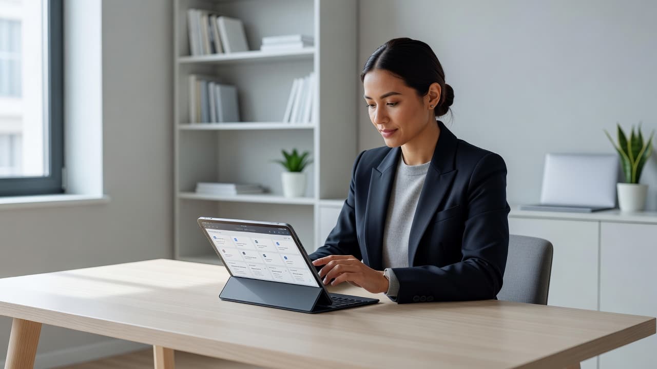 A focused creator sits at a minimalist desk in a bright home office while using a tablet for content management. A soft glow from nearby windows illuminates the organized workspace.