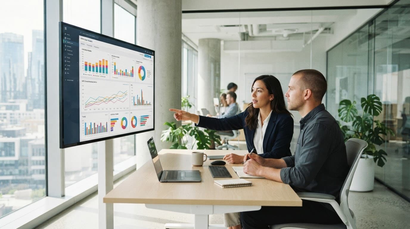 Two professionals review marketing charts on a large screen in a bright modern office.