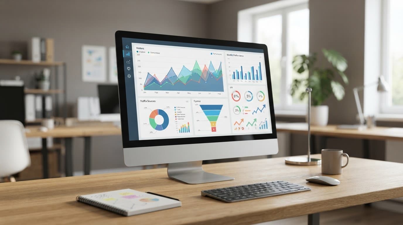 Monitor showing colorful analytics charts on a desk in a modern office.