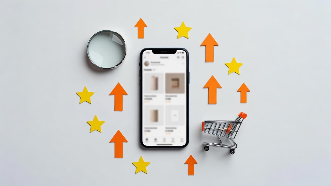 A smartphone surrounded by shopping icons, growth arrows, and a magnifying glass on a gray background.