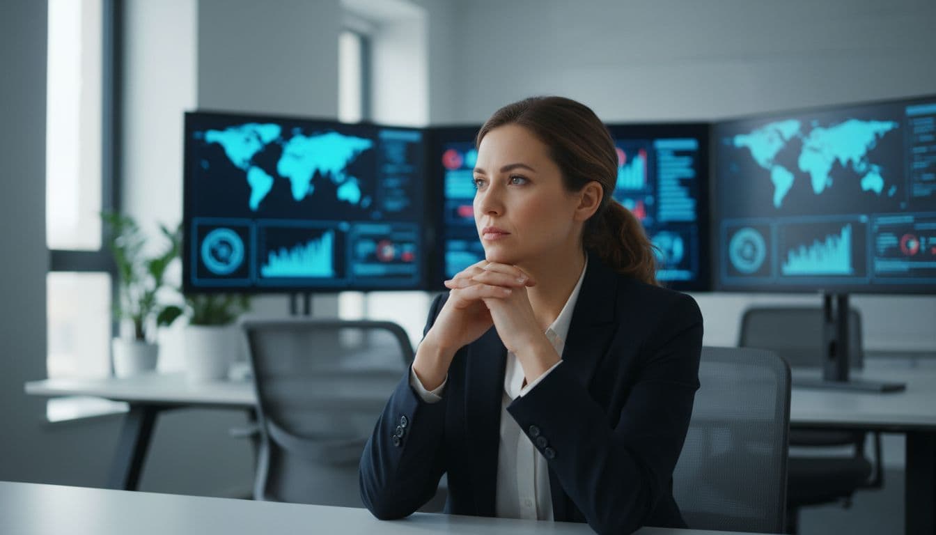 A female professional cybersecurity consultant in an office, hands on chin in thought, surrounded by multiple screens showing blurred security dashboards and threat maps under natural lighting. Realistic photo style with simple focused composition, no text or extra people.