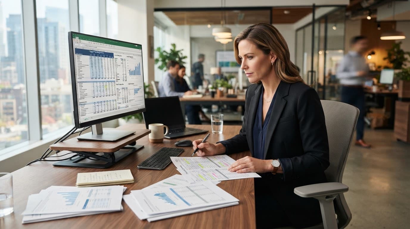 Finance leader reviewing IT budgets and contracts at a modern office desk.