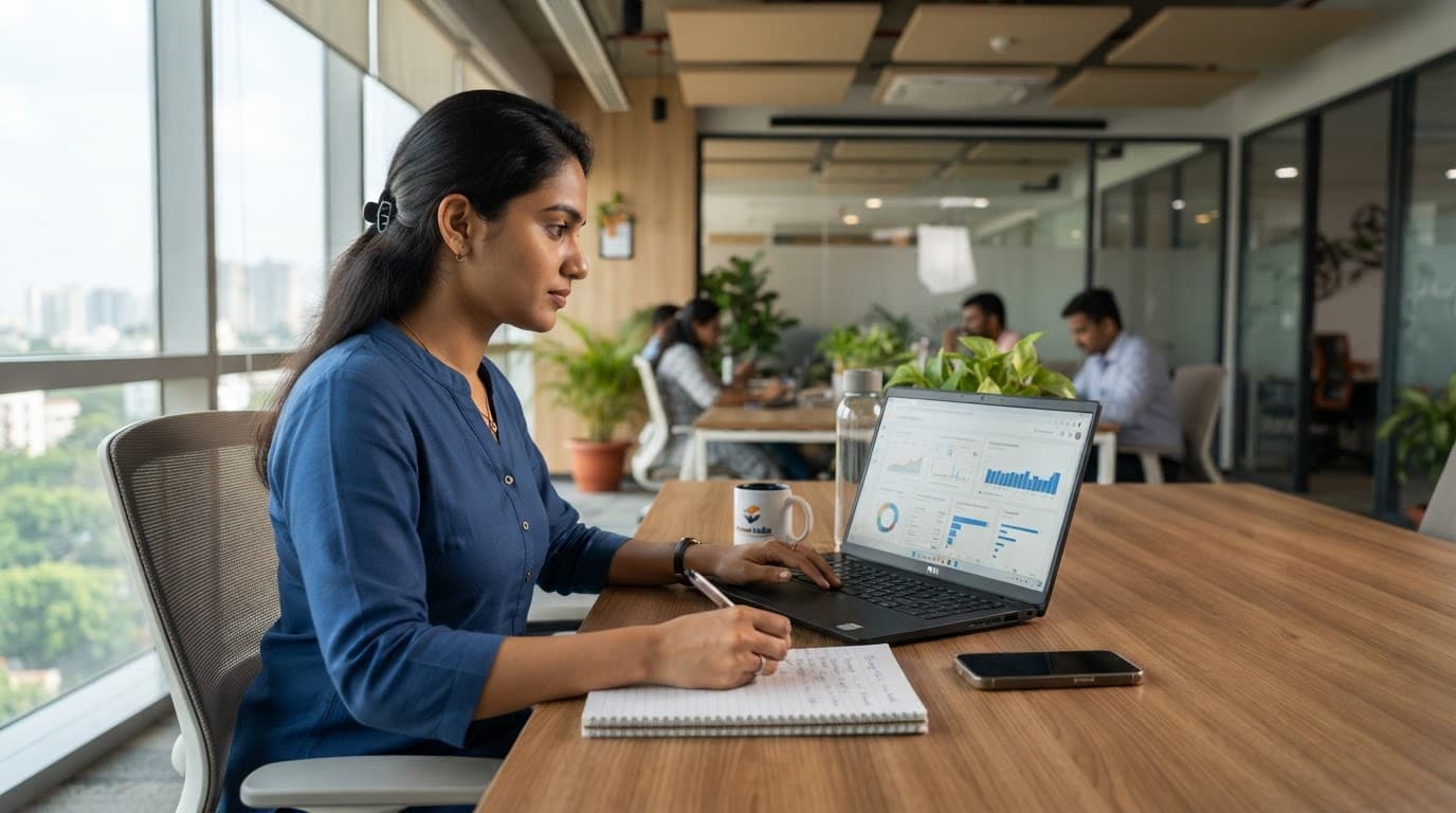 A marketing professional reviews data on a laptop at a bright office desk.