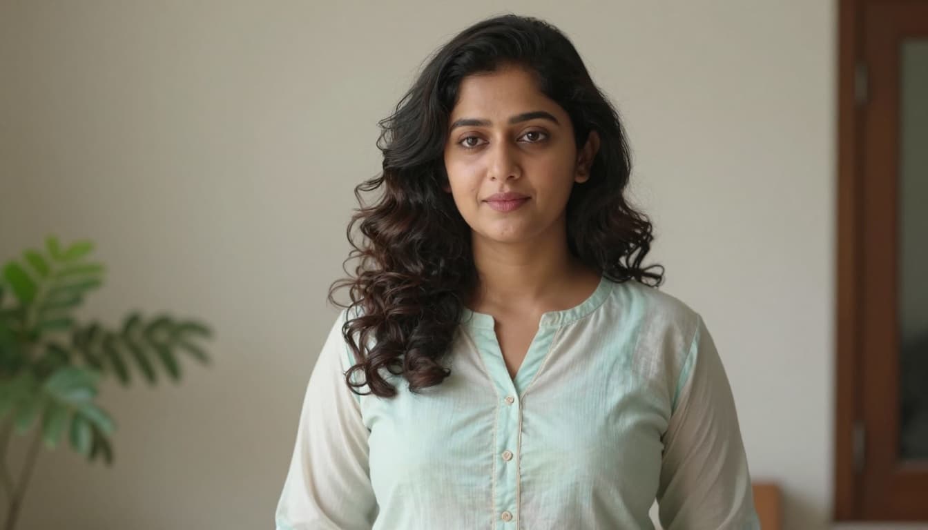 Indian woman in her 20s with soft side-parted curls and loose waves, wearing a pastel V-neck kurti, close-up in natural indoor light with relaxed expression.