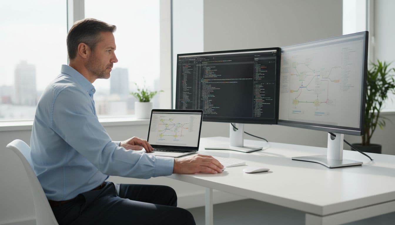 Middle-aged professional male IT consultant in modern office reviewing server logs and network diagrams on dual monitors with focused expression and natural light.