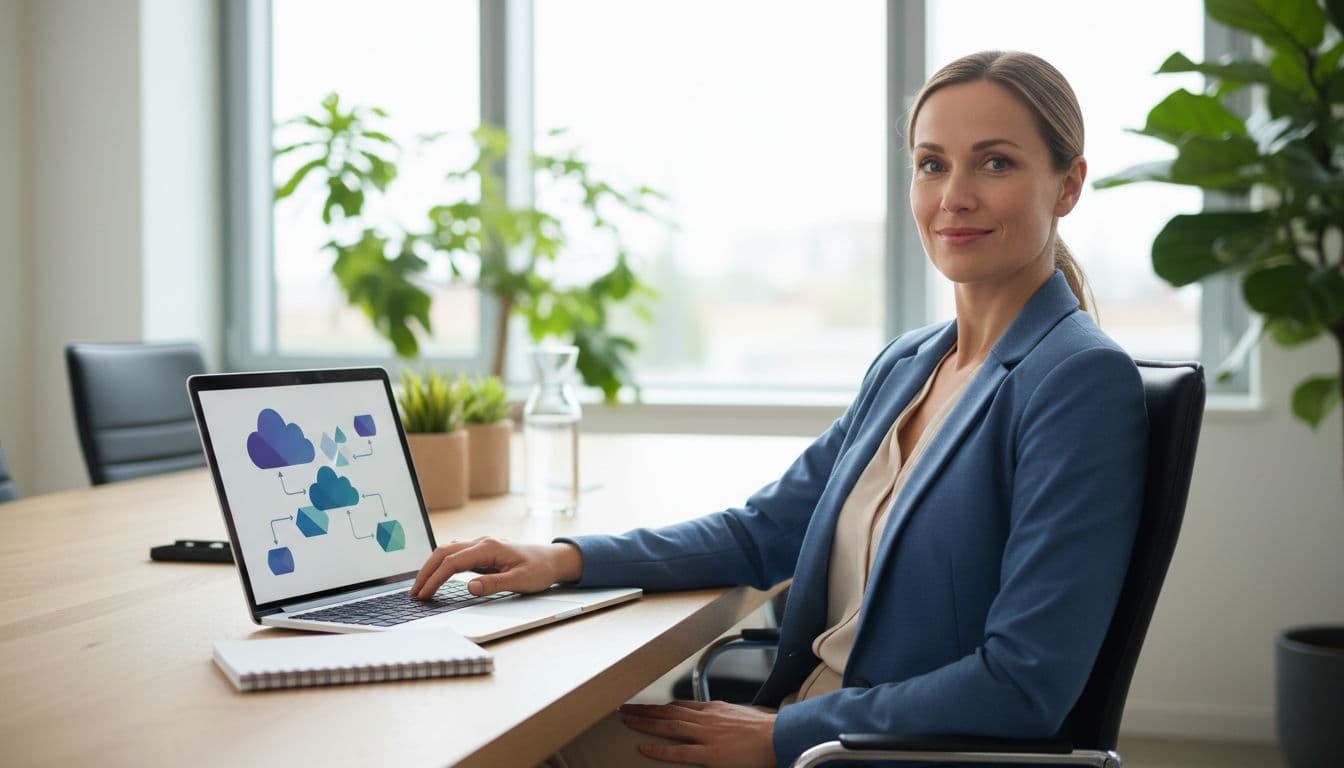 An IT consultant sits relaxed at a conference table in a modern office with plants and soft daylight, using a laptop to display an abstract cloud architecture diagram with data flow arrows, notebook nearby, photorealistic style, exactly one person.
