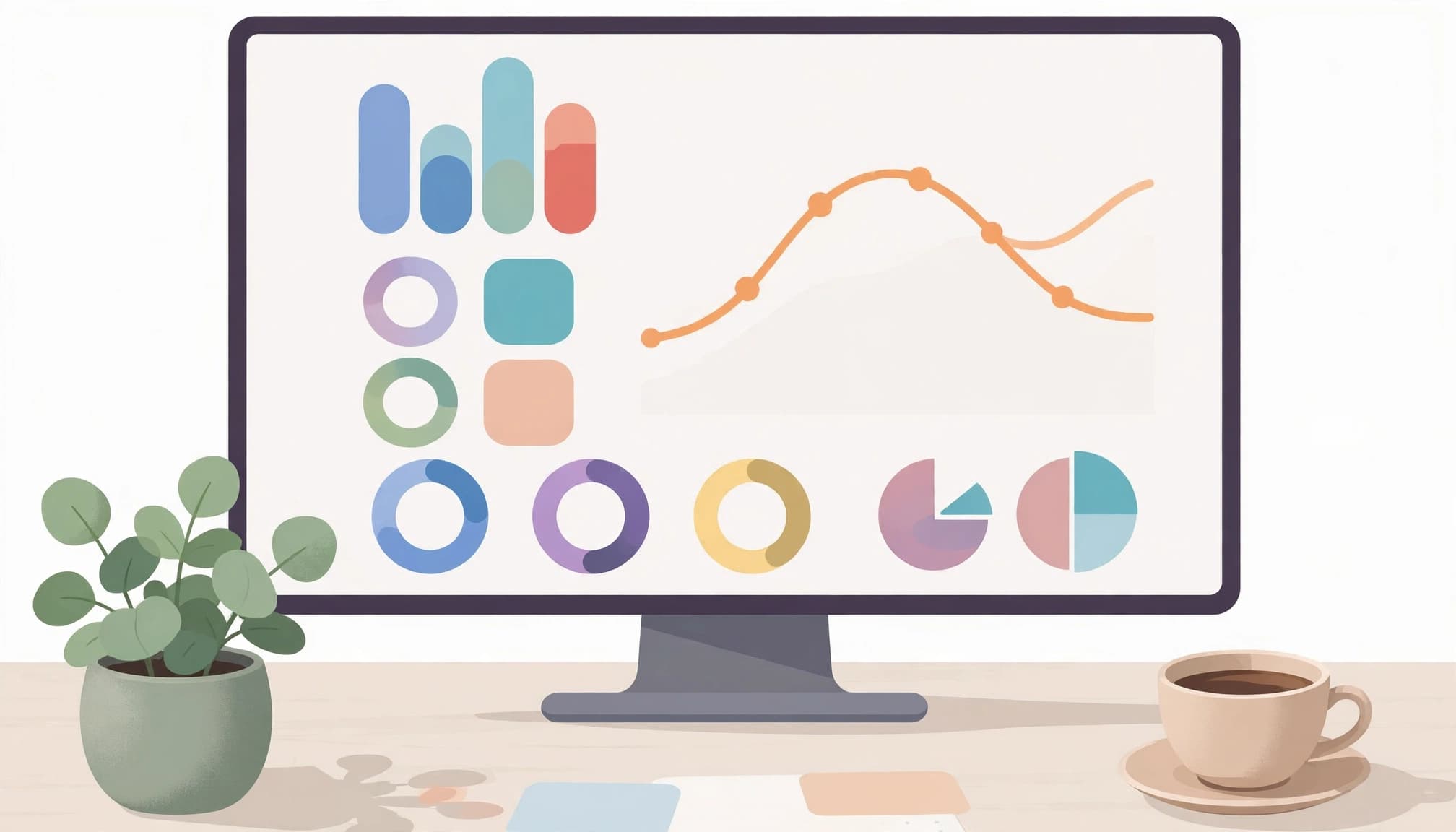 Monitor showing colorful charts beside a plant and coffee cup on a clean desk.