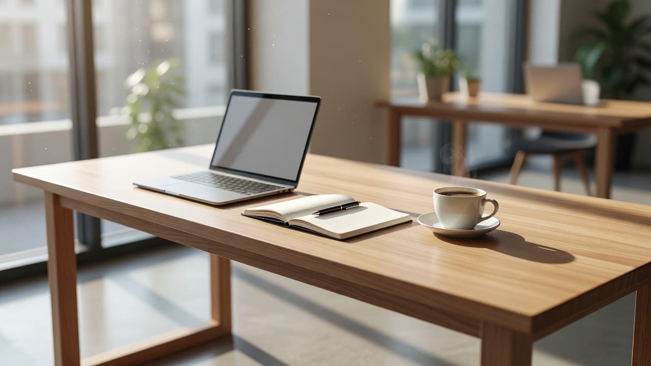A clean desk in a sunny office featuring a laptop, notebook, and coffee mug.