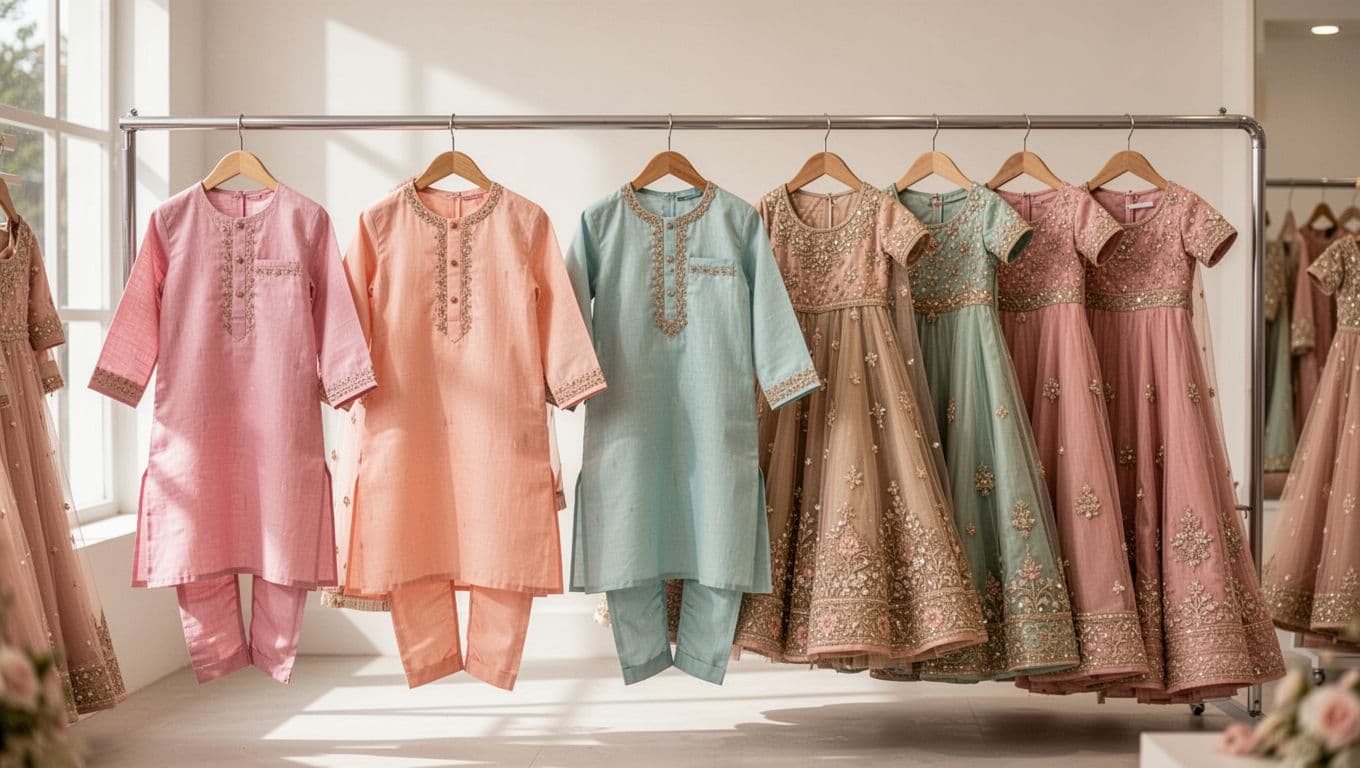 A minimalist metal rack showcases delicate pastel kurta sets and silk lehengas for children inside a sunlit shop. The textures of soft cotton and woven fabric are clearly visible in focus.