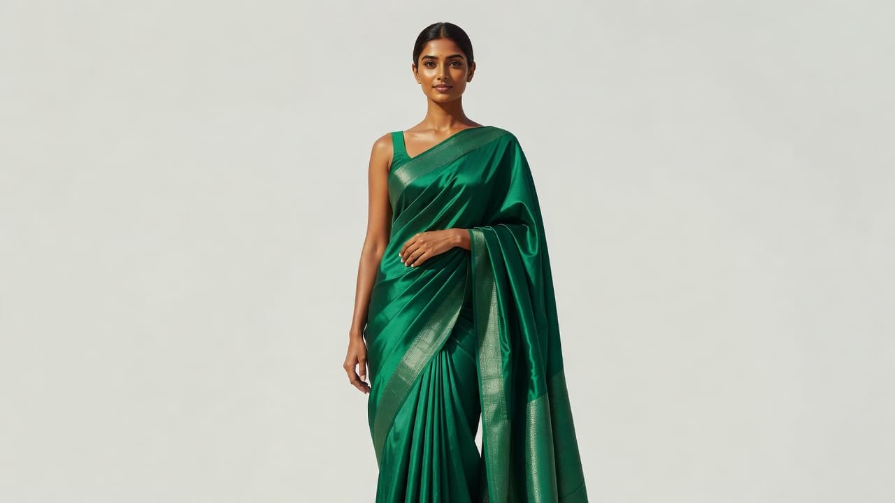 A woman stands in soft natural light wearing a richly textured, vibrant saree that complements her complexion perfectly. The neutral background emphasizes the intricate fabric weave and her warm skin tone.