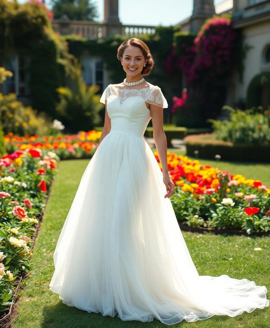 Mariée silhouette ample et taille marquée, style New Look dans un jardin en fleurs. Image créée avec l’IA
