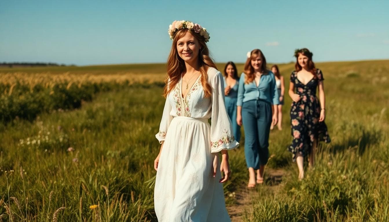 Mariée bohème hippie en prairie, robe fluide à manches évasées et couronne de fleurs. Image créée avec l’IA