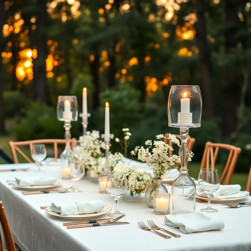 Table bohème chic pour noces de perle, fleurs blanches, lumières douces, et reflets nacrés en fin de journée