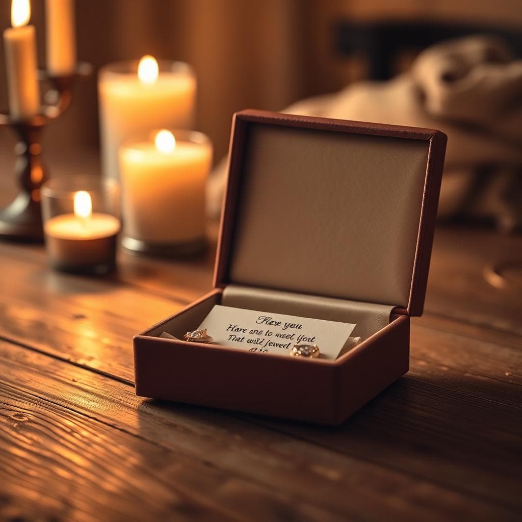 Coffret cadeau élégant avec bijoux en vermeil et carte gravée, ambiance douce aux bougies, atmosphère chaleureuse pour un 45e anniversaire de mariage