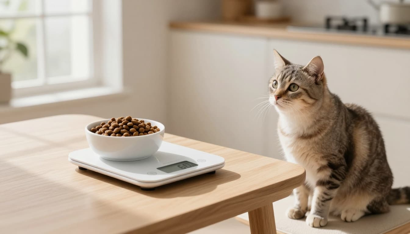 In a bright Scandinavian kitchen with natural light, a digital scale displays exactly 60 grams of brown dry cat kibble in a white ceramic bowl, with a fluffy sterilized adult cat waiting patiently nearby.