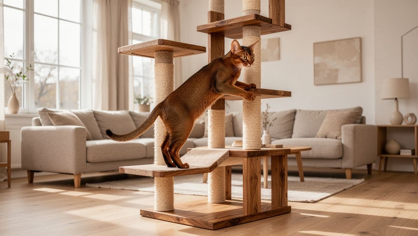 A sleek Abyssinian cat with reddish fur climbs gracefully on a sturdy wooden cat tree in a bright Scandinavian living room with natural light and minimalist decor.